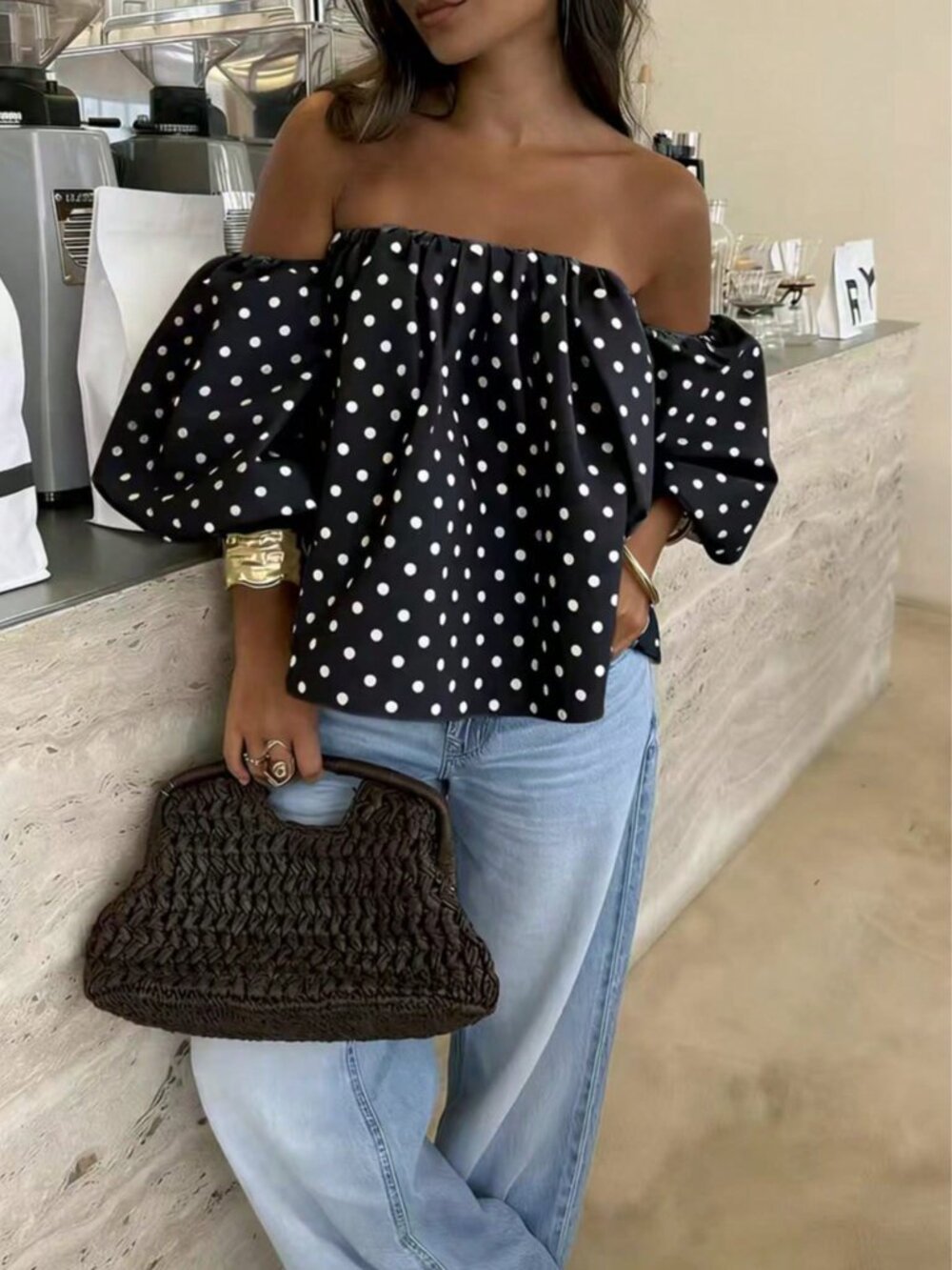 Black Casual Polka Dot Pleated Off Shoulder Women's Beach Blouse